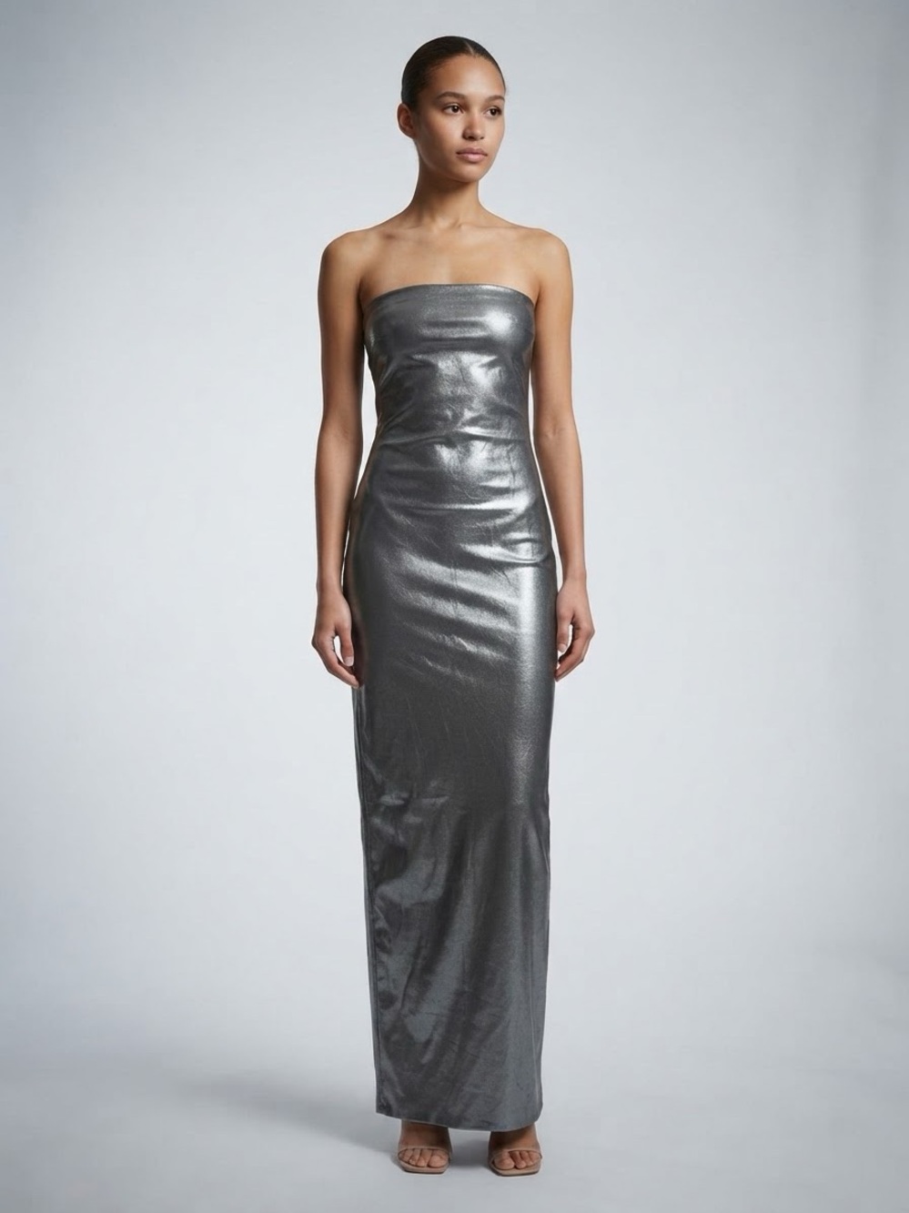 Zara NWT Fitted Strapless Blue-Gray Metallic Silver Column Gown